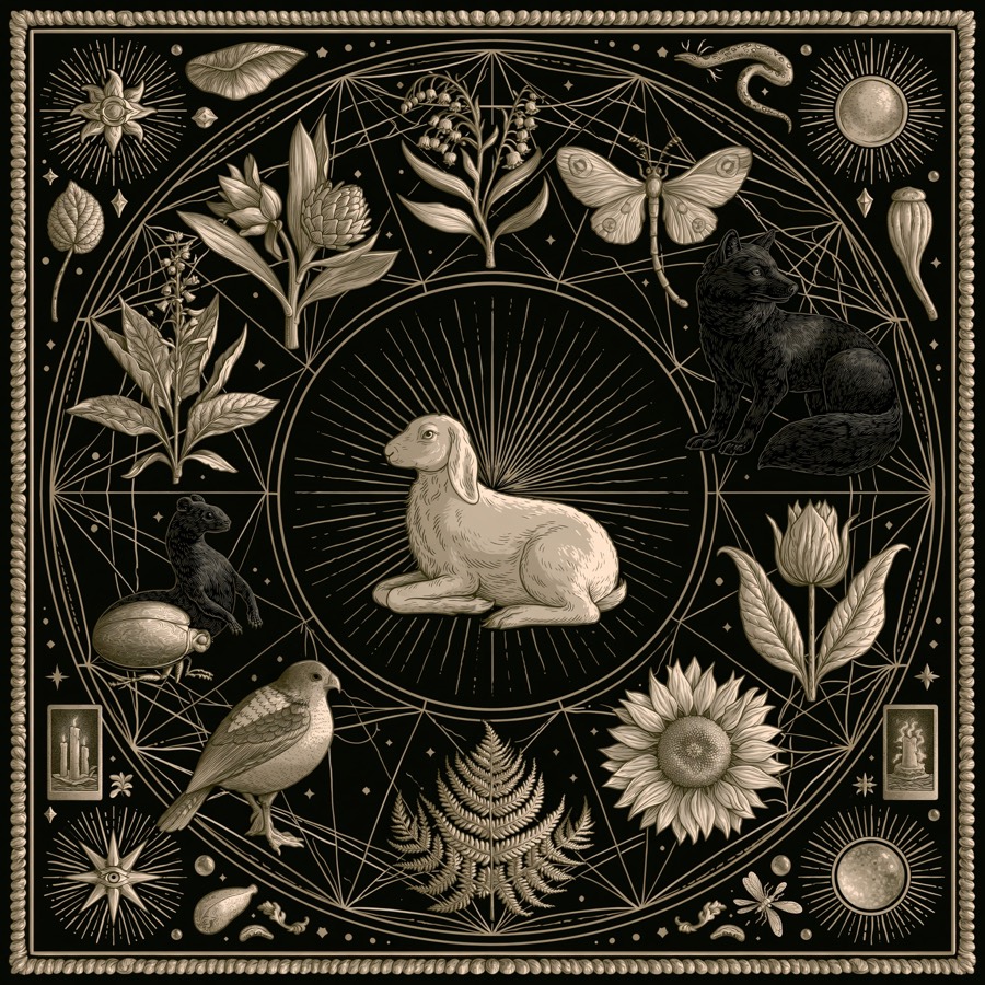 The Living Grimoire plate: an engraved circle of beings — a lamb at center, ringed by fox, moth, bird, fern, and flowers, joined by fine gold threads.